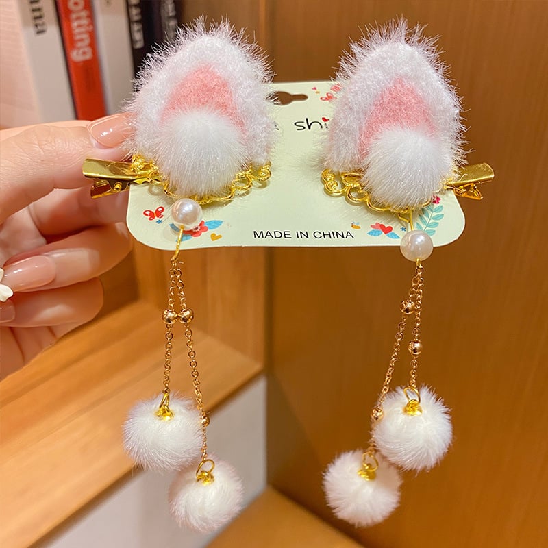 Bērnu matu spraudes ar antīku stilu truša ausīm un pūkainu auklu kulciņu, materiāls resīns, ziemā 2024