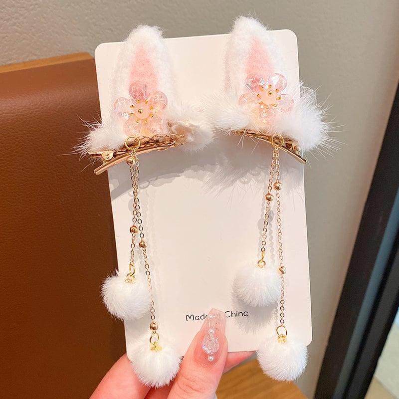 Bērnu matu spraudes ar antīku stilu truša ausīm un pūkainu auklu kulciņu, materiāls resīns, ziemā 2024