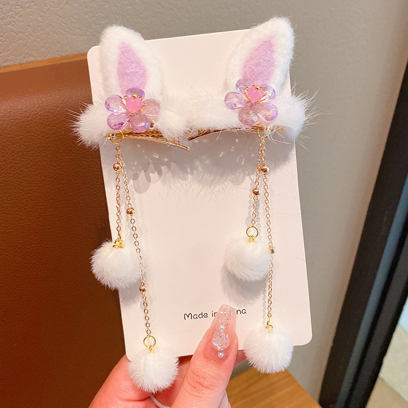 Bērnu matu spraudes ar antīku stilu truša ausīm un pūkainu auklu kulciņu, materiāls resīns, ziemā 2024