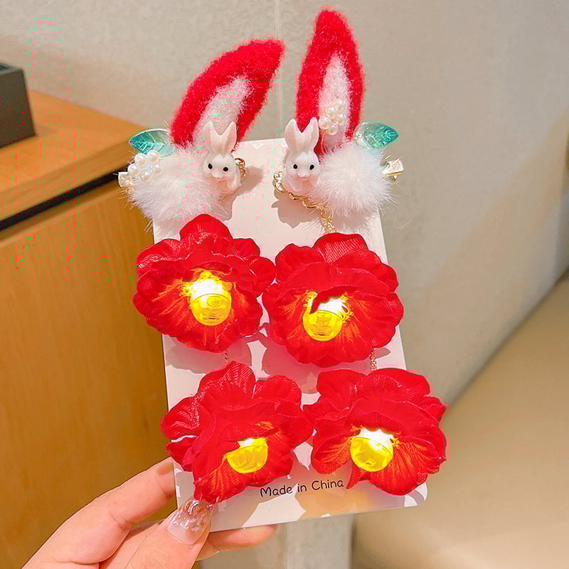 Bērnu matu spraudes ar antīku stilu truša ausīm un pūkainu auklu kulciņu, materiāls resīns, ziemā 2024