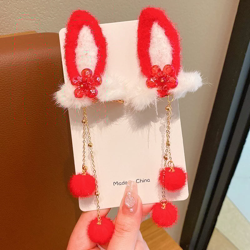 Bērnu matu spraudes ar antīku stilu truša ausīm un pūkainu auklu kulciņu, materiāls resīns, ziemā 2024