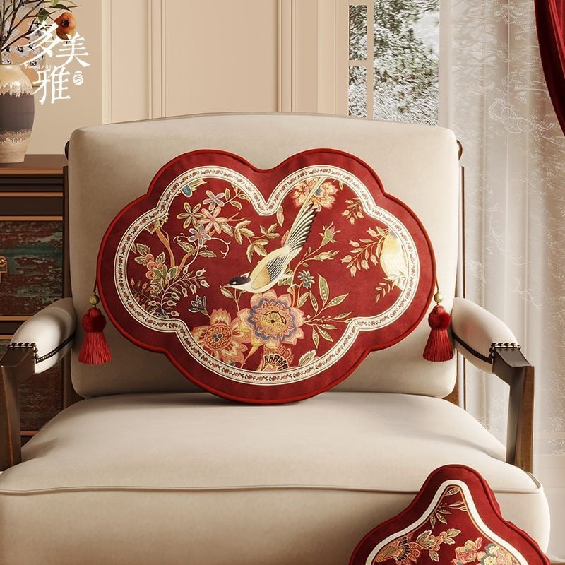 Garš ķīniešu stila Ruyi spilvens dīvānam, Chenille pārvalks un pildījums, digitālā druka, svētku raksts, personalizējams