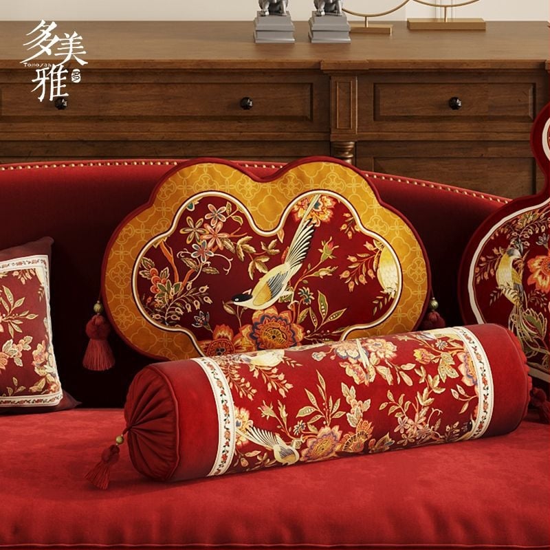 Garš ķīniešu stila Ruyi spilvens dīvānam, Chenille pārvalks un pildījums, digitālā druka, svētku raksts, personalizējams