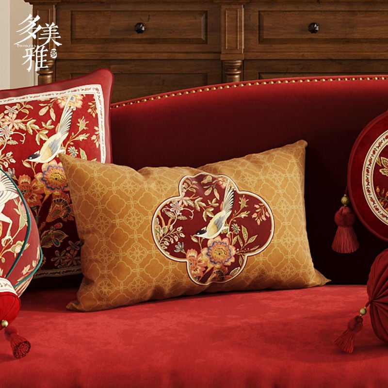 Garš ķīniešu stila Ruyi spilvens dīvānam, Chenille pārvalks un pildījums, digitālā druka, svētku raksts, personalizējams