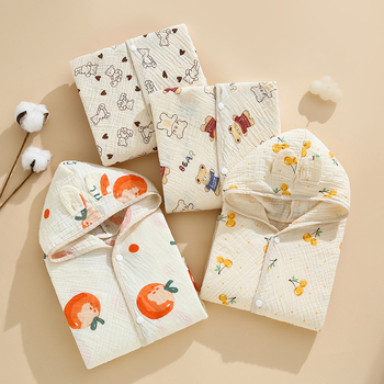 Ranbao gyerekeknek szánt pamut géz kapucnis fürdőköpeny — puha, nedvszívó, mintás rajzolt dizájn, 120–140 g, varrás, nyomtatás, sima szövés