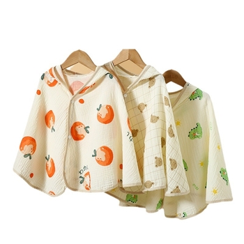 Ranbao gyerekeknek szánt pamut géz kapucnis fürdőköpeny — puha, nedvszívó, mintás rajzolt dizájn, 120–140 g, varrás, nyomtatás, sima szövés