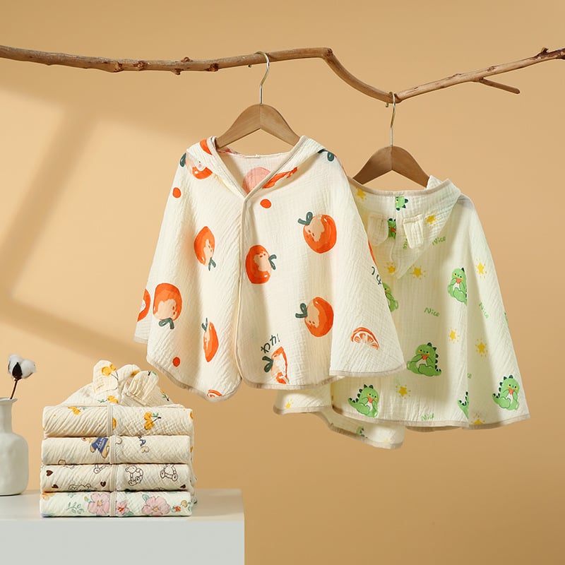 Ranbao gyerekeknek szánt pamut géz kapucnis fürdőköpeny — puha, nedvszívó, mintás rajzolt dizájn, 120–140 g, varrás, nyomtatás, sima szövés