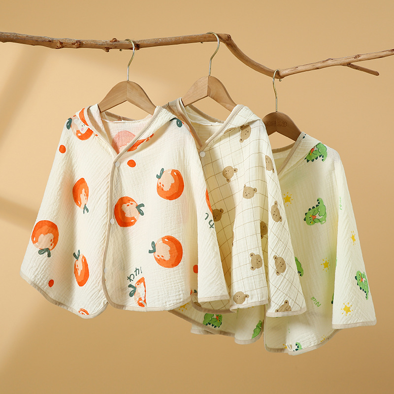 Ranbao gyerekeknek szánt pamut géz kapucnis fürdőköpeny — puha, nedvszívó, mintás rajzolt dizájn, 120–140 g, varrás, nyomtatás, sima szövés