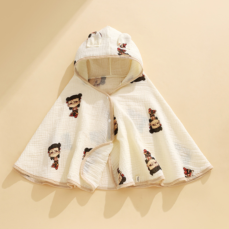 Ranbao gyerekeknek szánt pamut géz kapucnis fürdőköpeny — puha, nedvszívó, mintás rajzolt dizájn, 120–140 g, varrás, nyomtatás, sima szövés