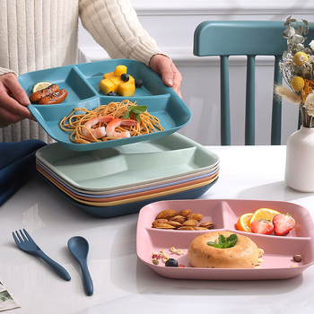 Kolmeosaline ruutne õhtusöögiplaat, plastikust PP, mikrolainete jaoks sobiv, käsitsi joonistatud pind, moodsalt minimalistlik stiil