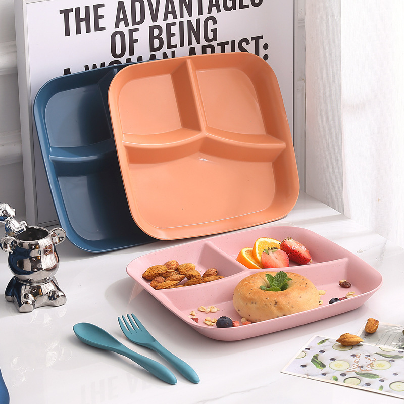 Kolmeosaline ruutne õhtusöögiplaat, plastikust PP, mikrolainete jaoks sobiv, käsitsi joonistatud pind, moodsalt minimalistlik stiil