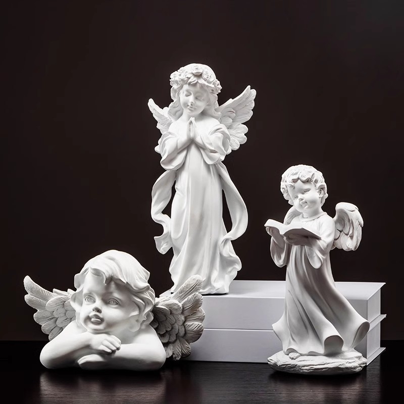 Ангелска скулптура от смола, ръчно боядисана, домашна декорация за дневна стая и полица за книги, подходяща за подарък