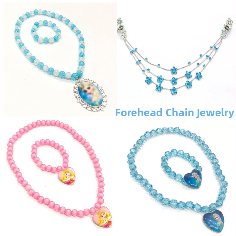 Bērnu krelles komplekts ar kristāliem: akrila auskari un kaklarota ar pieres ķēdi — bērniem, izcelsme Zhejiang, atsevišķs iepakojums, vasara 2021