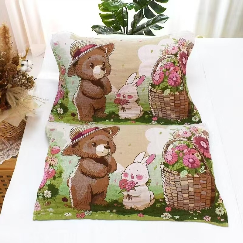 Négy réteg géz pamut párnahuzat cartoon jacquard mintával, egész éves használatra, vastagított, puha és légáteresztő