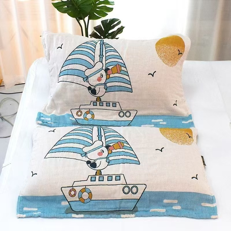 Négy réteg géz pamut párnahuzat cartoon jacquard mintával, egész éves használatra, vastagított, puha és légáteresztő