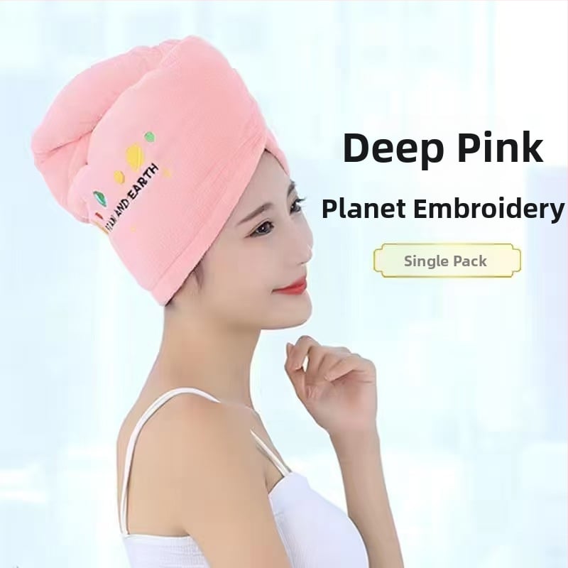 Korāla flīša izšūta dušas cepure matu žāvešanai sievietēm; svars 80–99 g; 21 diegs; šūta