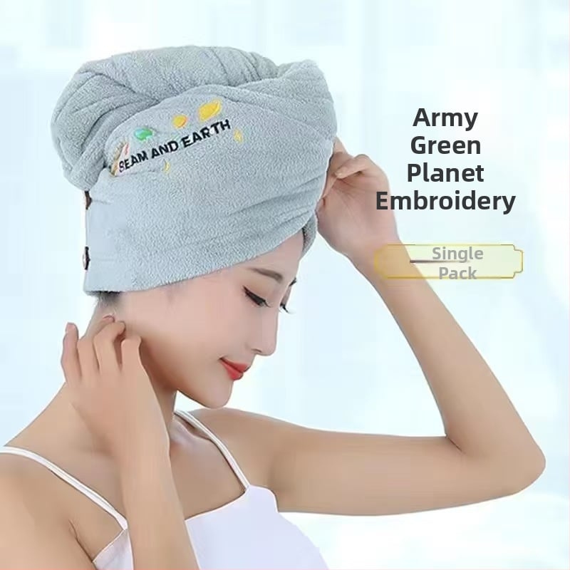 Korāla flīša izšūta dušas cepure matu žāvešanai sievietēm; svars 80–99 g; 21 diegs; šūta