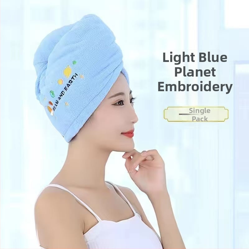 Korāla flīša izšūta dušas cepure matu žāvešanai sievietēm; svars 80–99 g; 21 diegs; šūta