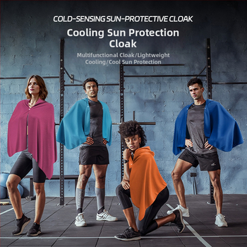 Kültéri sport törölköző kapucnival – hideg selyemből, gyors száradás, napvédelmi funkció, súly 170–200 g, sima szövés