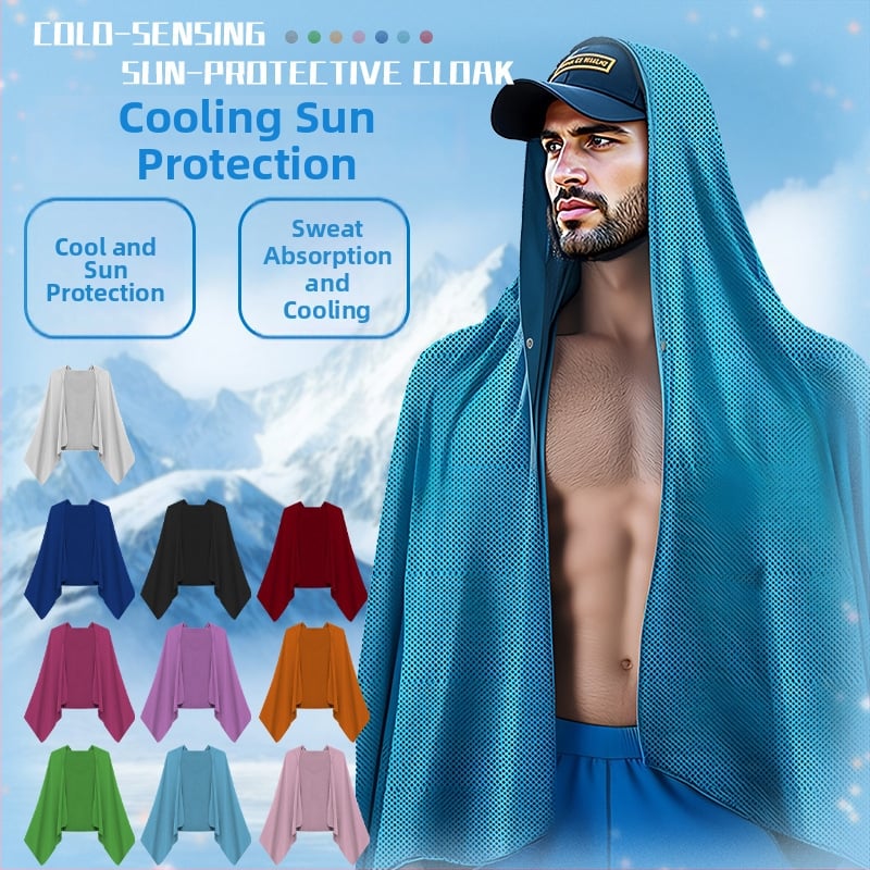 Kültéri sport törölköző kapucnival – hideg selyemből, gyors száradás, napvédelmi funkció, súly 170–200 g, sima szövés