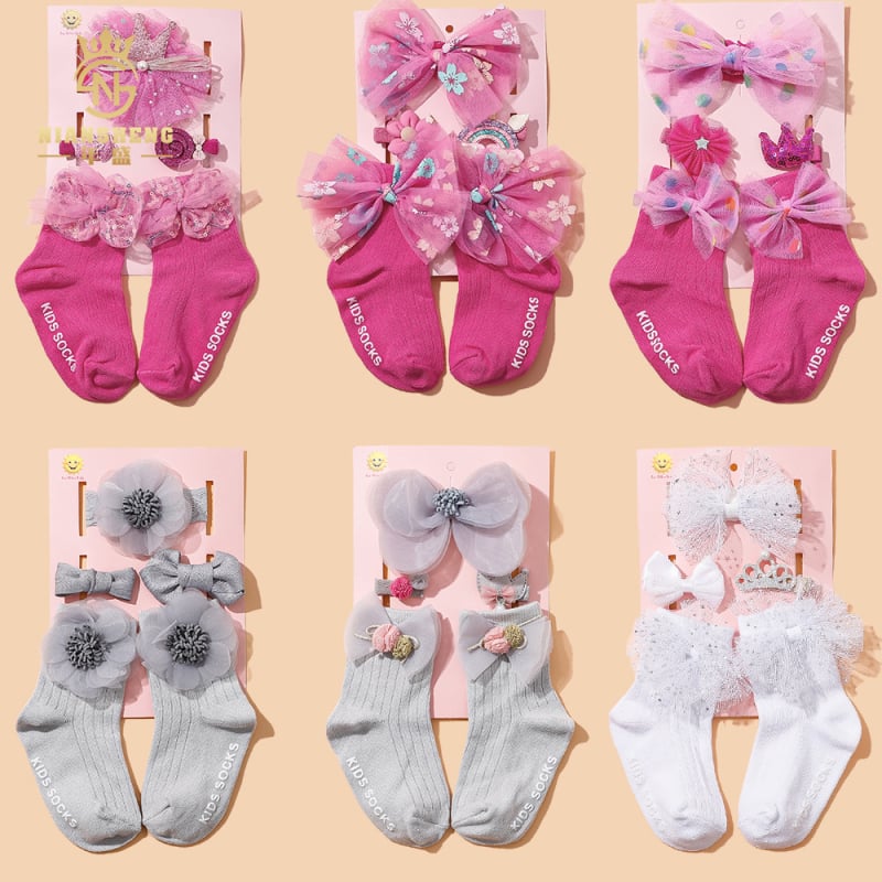 5 daļu komplekts bērnu matu lentes ar loku, roku darbs, zīdaiņiem 0–3 gadi, zeķes no 100% kokvilnas