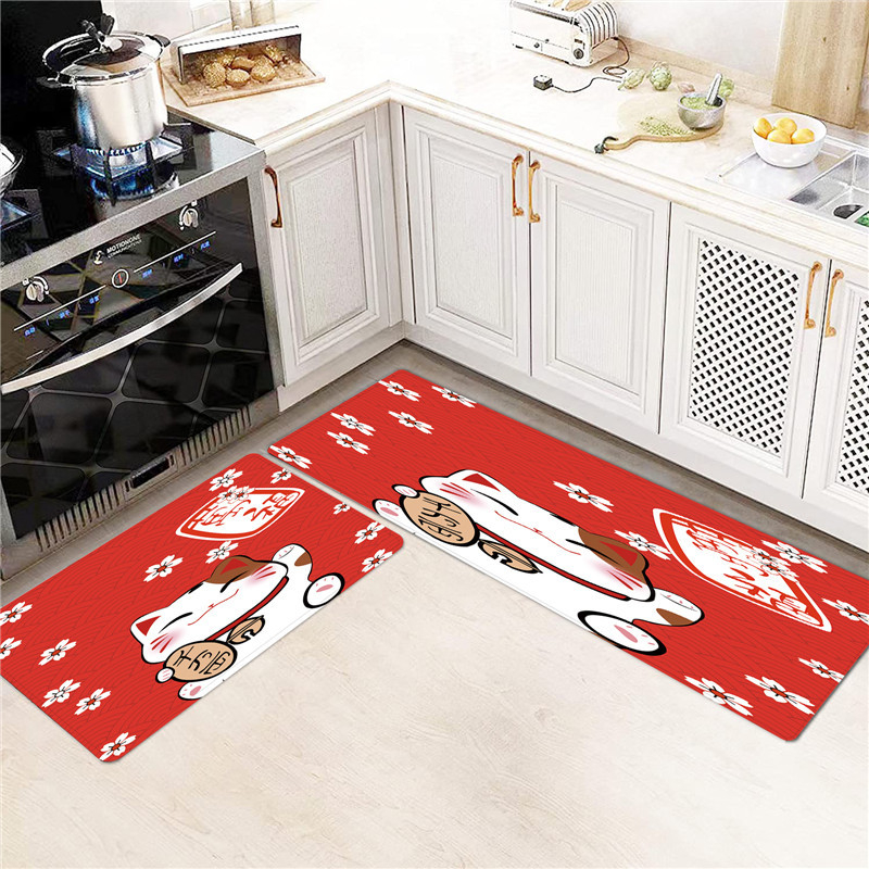 Set de două covorașe de bucătărie din catifea, antiderapante, model desen animat, stil modern minimalist
