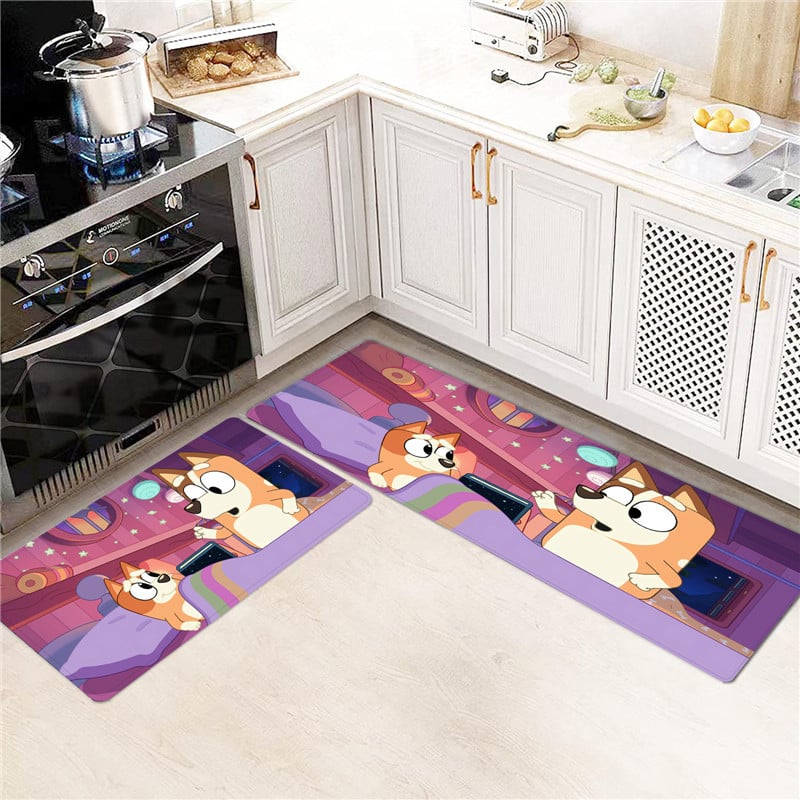 Set de două covorașe de bucătărie din catifea, antiderapante, model desen animat, stil modern minimalist