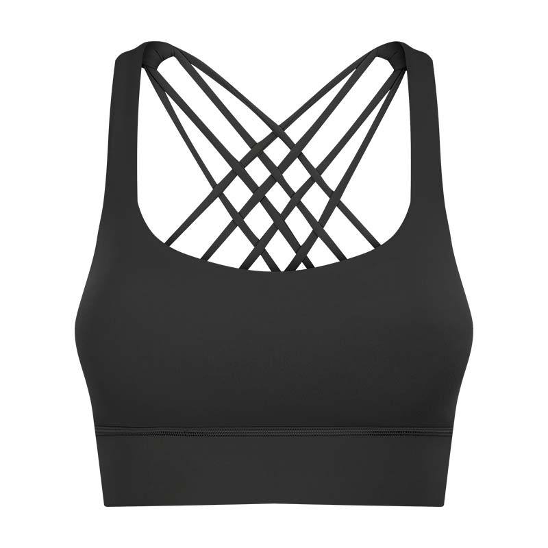 Ženski sportski grudnjak visokog podržavanja s križnim leđima, push-up efekt, pune košarice, srednje oblikovane košarice, fiksni dvostruki remeni; najlon-elastanska smjesa.