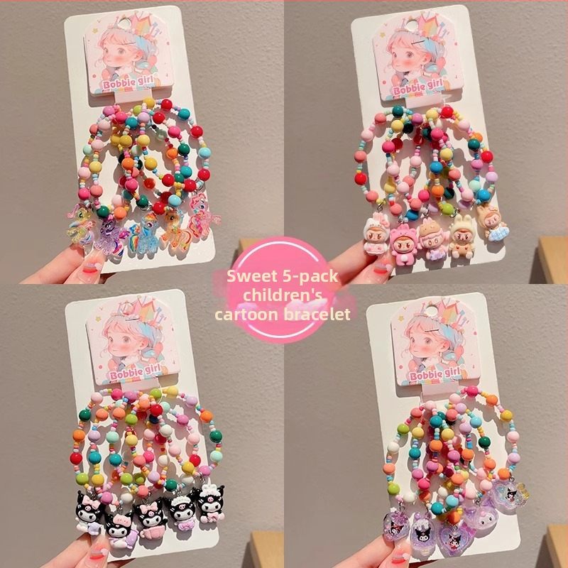Ručne vyrábaný detský náramok z plastu/živice s dizajnom karikatúrneho hrdinu, kórejský štýl, séria Princezná, 5 kusov v balení, individuálne balené.