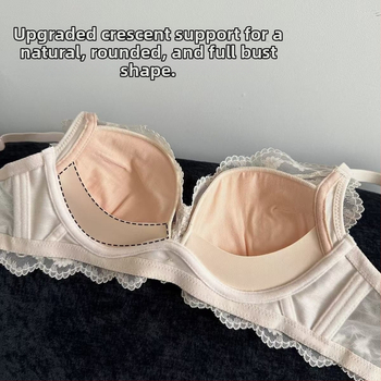 Bezvadu franču stila mežģīņu push-up krūšturis ar formētām kupām — augšējā daļa plāna, apakšējā daļa bieza; neilona audums ar spandeksa pildījumu; elpojošs; aizmugurē trīs rindu aizdare