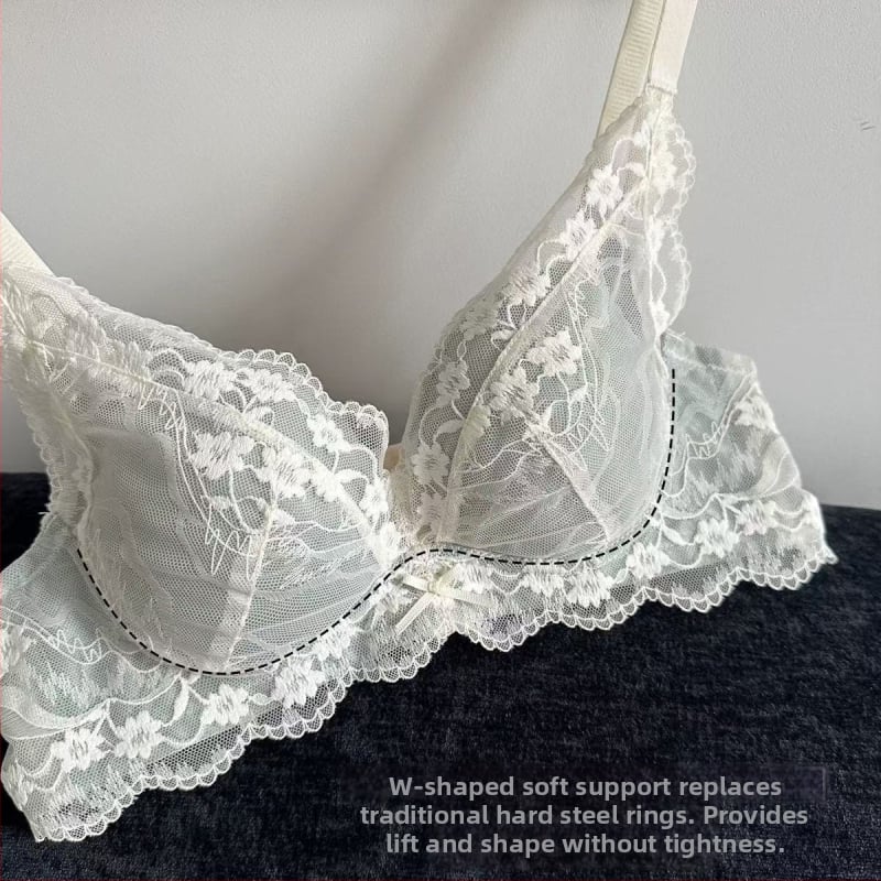 Bezvadu franču stila mežģīņu push-up krūšturis ar formētām kupām — augšējā daļa plāna, apakšējā daļa bieza; neilona audums ar spandeksa pildījumu; elpojošs; aizmugurē trīs rindu aizdare