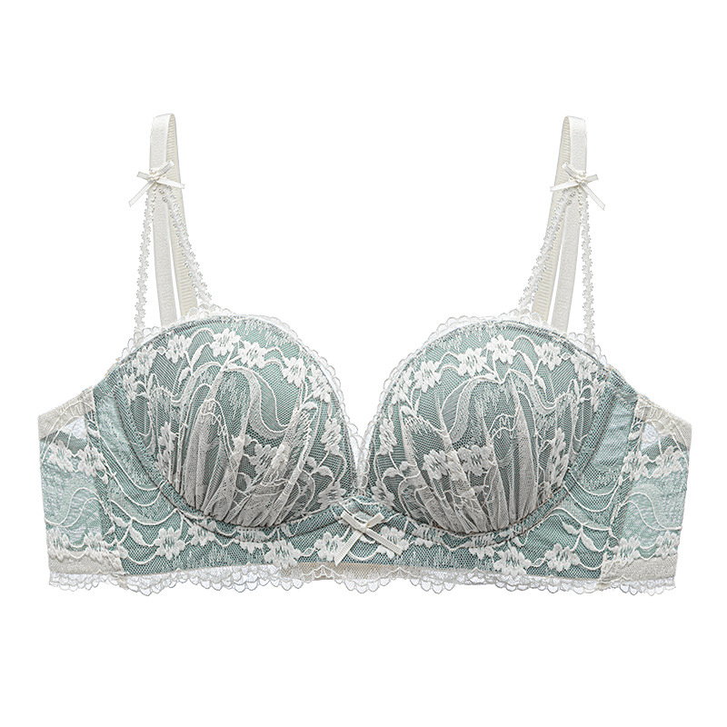 Nylon csipkés melltartó készlet, 1/2 kosár formázott kosár, vékony felső rész és vastag alsó rész, fix dupla vállpántok, hátsó három sor kapocs