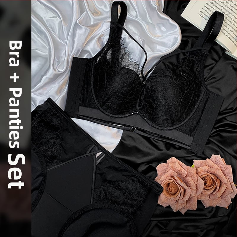 Csipkés melltartó szett acélkarikákkal, push-up, kosár 3/4, vékony formázott kosár, légáteresztő anyag, 65% nylon