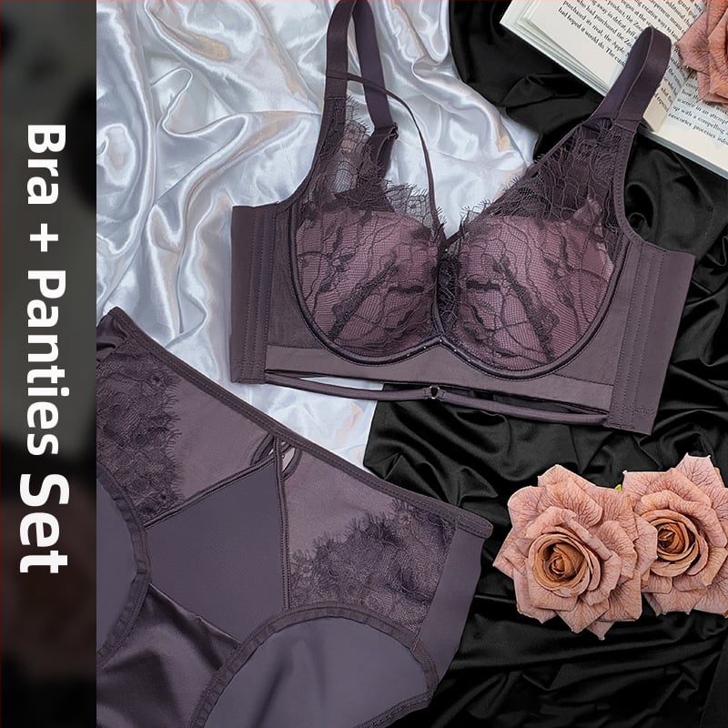Csipkés melltartó szett acélkarikákkal, push-up, kosár 3/4, vékony formázott kosár, légáteresztő anyag, 65% nylon