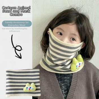 Ziemas bērnu adīta kakla šalle ar svītrainu rakstu, poliesters, uztur siltumu, daudzfunkcionāla – var nēsāt arī kā sejas masku