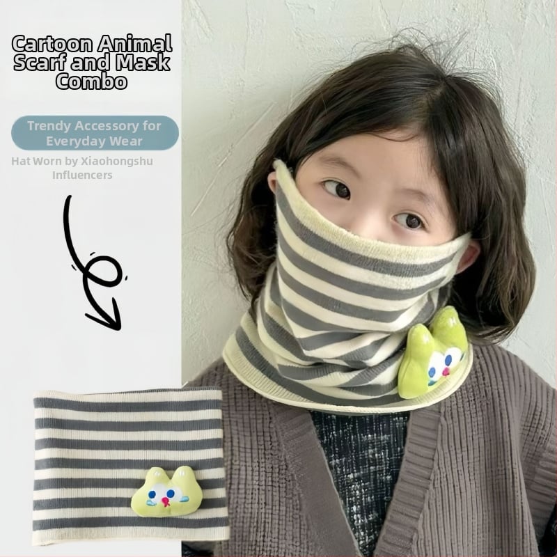 Ziemas bērnu adīta kakla šalle ar svītrainu rakstu, poliesters, uztur siltumu, daudzfunkcionāla – var nēsāt arī kā sejas masku