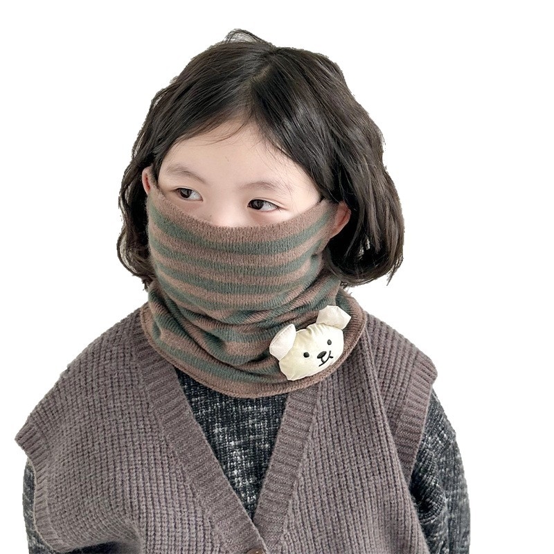 Ziemas bērnu adīta kakla šalle ar svītrainu rakstu, poliesters, uztur siltumu, daudzfunkcionāla – var nēsāt arī kā sejas masku