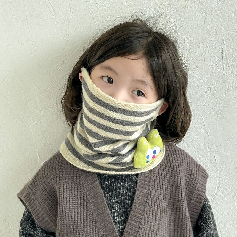 Ziemas bērnu adīta kakla šalle ar svītrainu rakstu, poliesters, uztur siltumu, daudzfunkcionāla – var nēsāt arī kā sejas masku