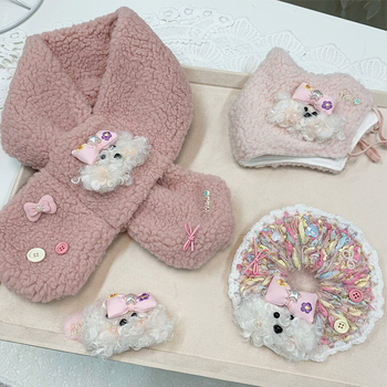 Meitenēm paredzēts rudens-ziemas vilnas aksesuāru komplekts: šalle, kakla sildītājs, matu klips, galvas lente, maska — Ziemas 2025