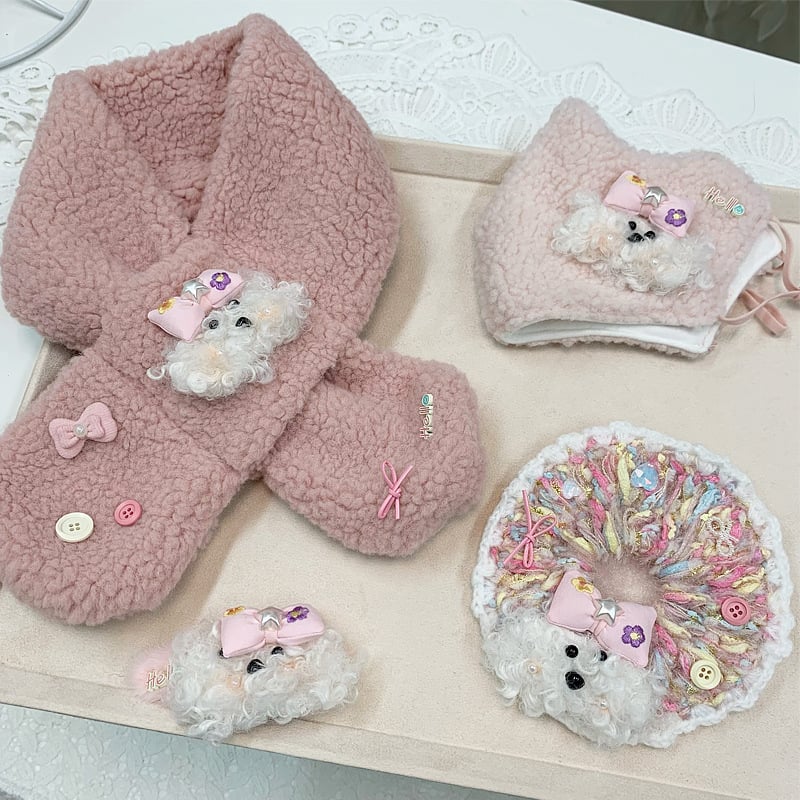 Meitenēm paredzēts rudens-ziemas vilnas aksesuāru komplekts: šalle, kakla sildītājs, matu klips, galvas lente, maska — Ziemas 2025