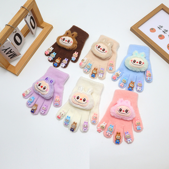 Bērnu adīti piecu pirkstu cimdi, pūkaini, ar multfilmu rakstu, uztur siltumu, ziemas, pavasara un rudens sezonām, vecums 2-6