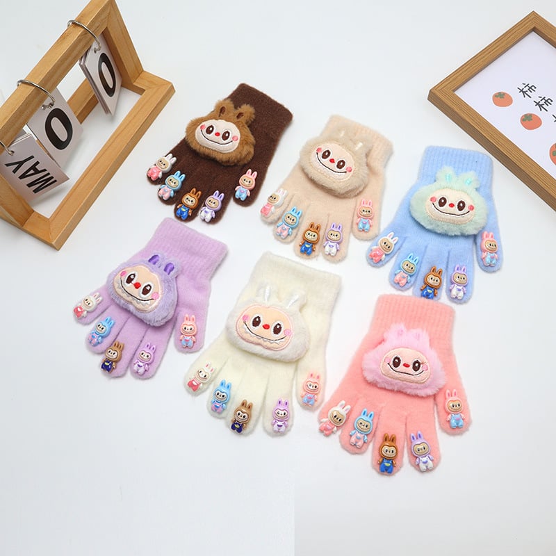 Bērnu adīti piecu pirkstu cimdi, pūkaini, ar multfilmu rakstu, uztur siltumu, ziemas, pavasara un rudens sezonām, vecums 2-6