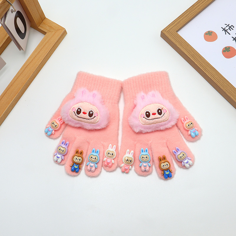 Bērnu adīti piecu pirkstu cimdi, pūkaini, ar multfilmu rakstu, uztur siltumu, ziemas, pavasara un rudens sezonām, vecums 2-6