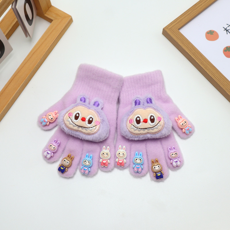 Bērnu adīti piecu pirkstu cimdi, pūkaini, ar multfilmu rakstu, uztur siltumu, ziemas, pavasara un rudens sezonām, vecums 2-6