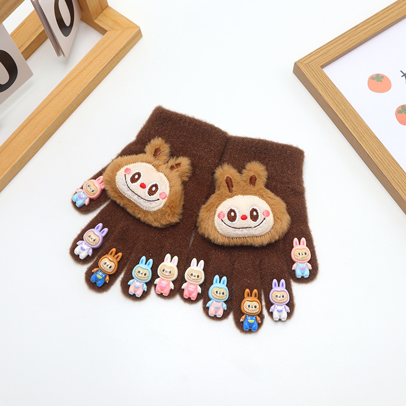 Bērnu adīti piecu pirkstu cimdi, pūkaini, ar multfilmu rakstu, uztur siltumu, ziemas, pavasara un rudens sezonām, vecums 2-6