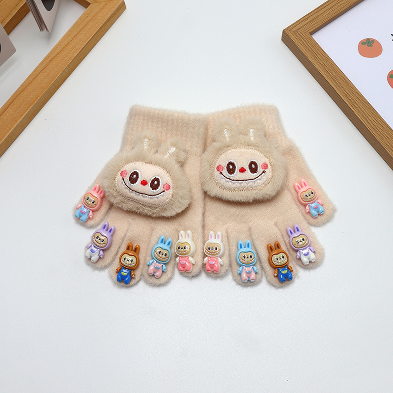 Bērnu adīti piecu pirkstu cimdi, pūkaini, ar multfilmu rakstu, uztur siltumu, ziemas, pavasara un rudens sezonām, vecums 2-6