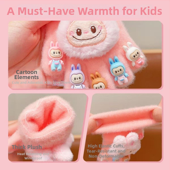 Karikatūras raksts ar atdalītiem pirkstiem skārienjutīgo ekrānu cimdi, silti adīti cimdi no imitētās kažokādas materiāla, vīriešiem un zēniem 3–10 gadi, ziema–rudens