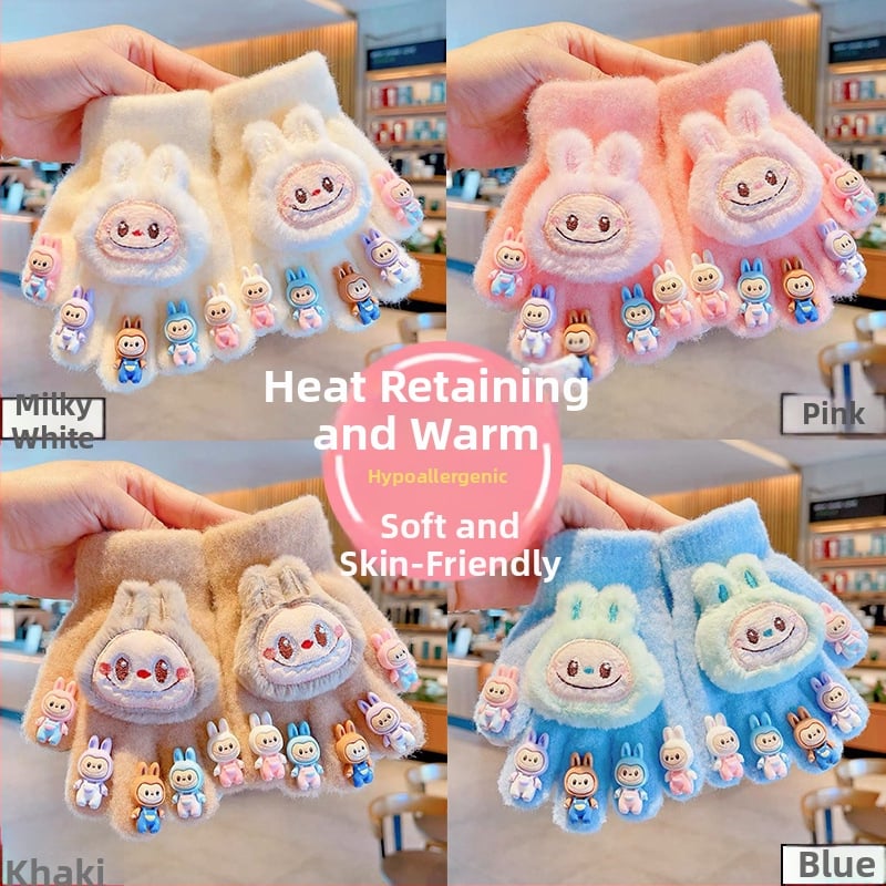 Karikatūras raksts ar atdalītiem pirkstiem skārienjutīgo ekrānu cimdi, silti adīti cimdi no imitētās kažokādas materiāla, vīriešiem un zēniem 3–10 gadi, ziema–rudens