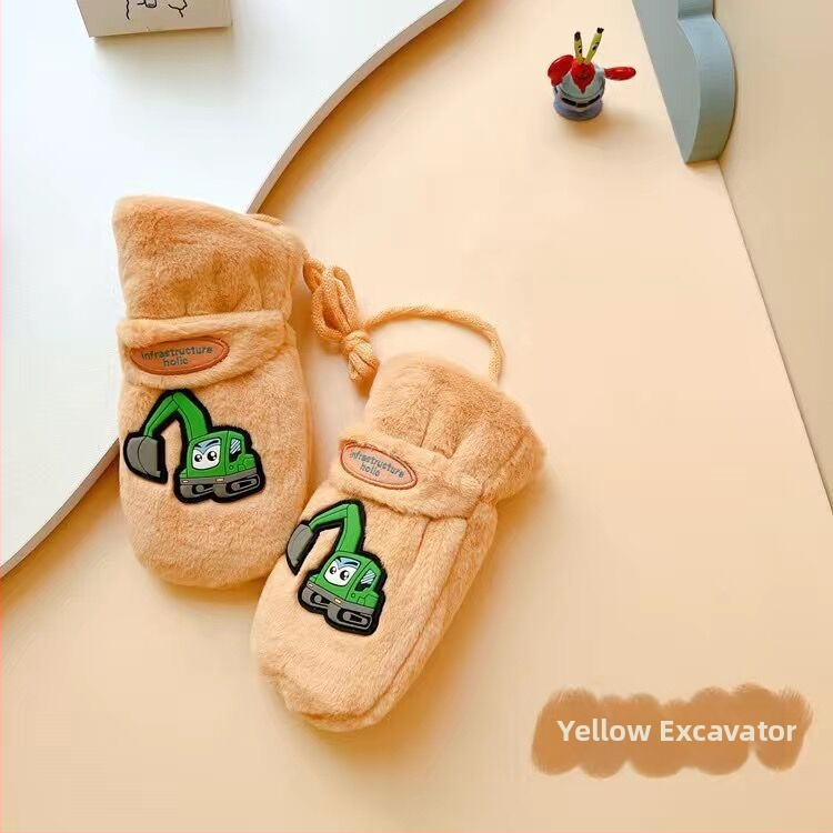 Bērnu cimdi no polārā flīsa ar ekskavatora zīmējumu, Korejas stila, pilniem pirkstiem, silti (Materiāls: polāra flīse/polieters; Funkcija: saglabāt siltumu; Sezona: pavasaris; Dzimums: zēni un meitenes; Izlaidums: 2025. gada pavasaris)