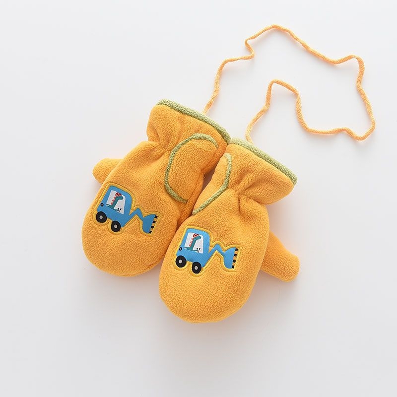 Bērnu cimdi no polārā flīsa ar ekskavatora zīmējumu, Korejas stila, pilniem pirkstiem, silti (Materiāls: polāra flīse/polieters; Funkcija: saglabāt siltumu; Sezona: pavasaris; Dzimums: zēni un meitenes; Izlaidums: 2025. gada pavasaris)